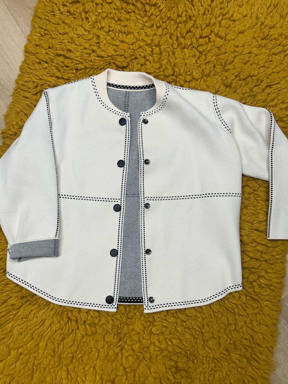 Vintage Off White Cream Snap Preppy Cardigan Jacket Black Stitching M